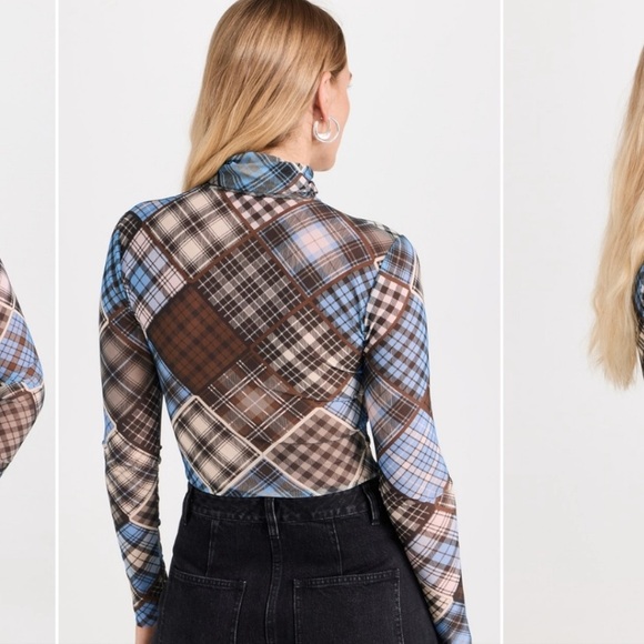 Ganni Plaid Print Rollneck Turtleneck Mesh Blouse - Picture 4 of 8